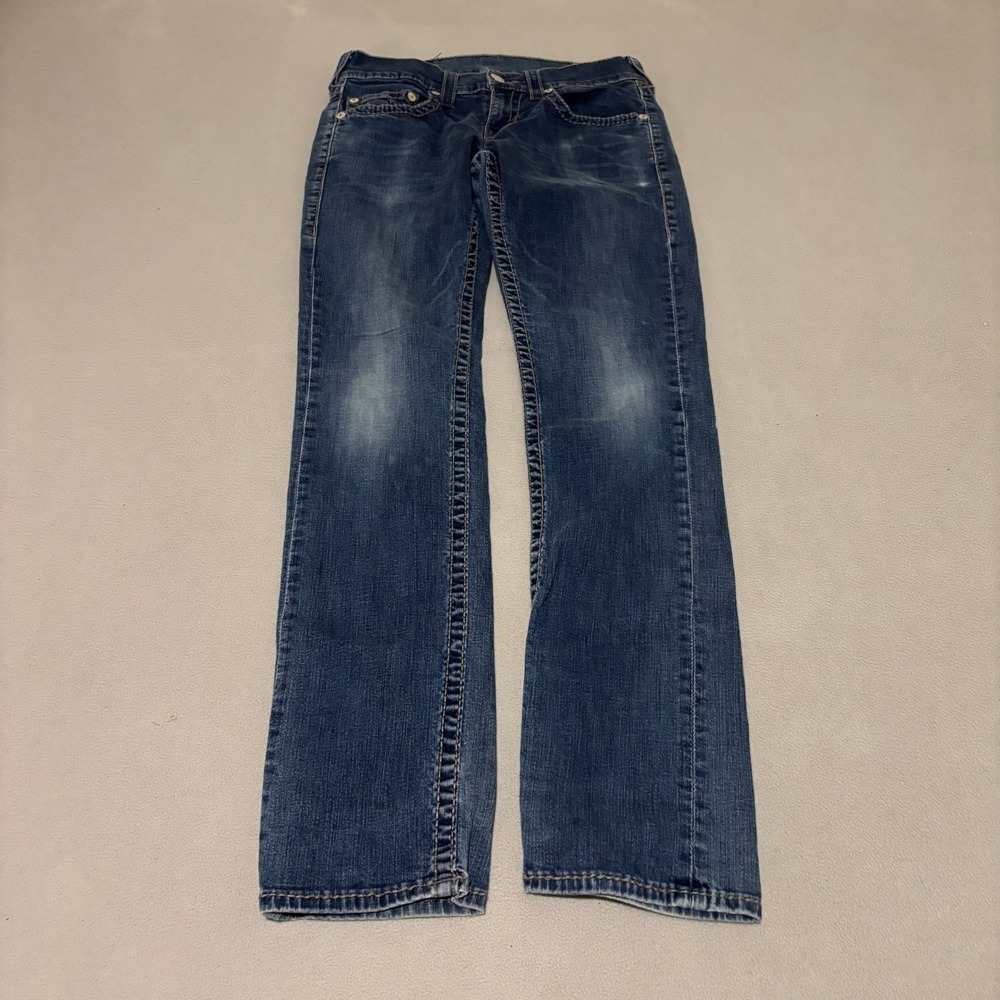 True Religion Womens Straight Leg Jeans Size 30 Blue Contrast Stitch Low Rise